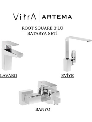 Artema Root Square Krom Lavabo-Banyo-Eviye Bataryası 3'lü Set A42732-A42737-A42753