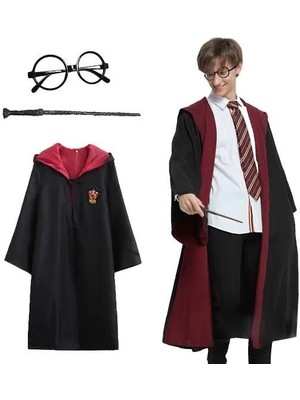 Aesco Mey Ithalat® Pttr Gryffindor Kapişonlu Çocuk Kostüm + Asa + Gözlük Seti 7-8 Yaş