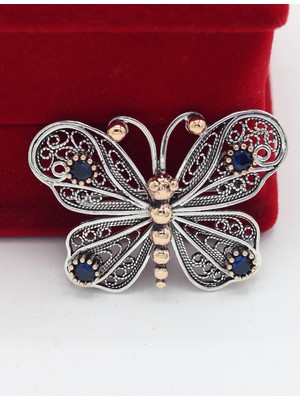 Midyat Nurtaş Gümüş Safir Taşlı Büyük Boy Yusufçuk Model Telkari Gümüş Kadın Broş 201025417