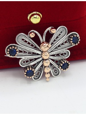 Midyat Nurtaş Gümüş Safir Taşlı Küçük Boy Yusufçuk Model Telkari Gümüş Kadın Broş 201025419