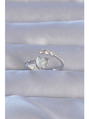 Aesco Mey Ithalat® Pirinç Gümüş Renk Zirkon Taşlı Sedefli Kalp Model Ayarlanabilir Yüzük