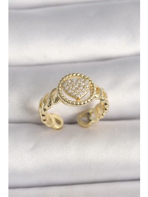 Aesco Mey Ithalat® Pirinç Gold Renk Ayarlanabilir Zirkon Taşlı Kalp Model Kadın Yüzük