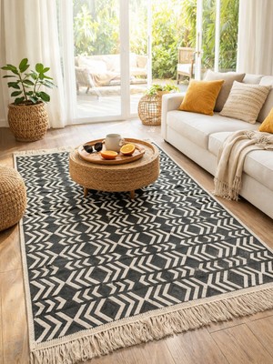 My Evilla Zikzak Çizgili Desenli Pamuklu Dokuma Çift Taraflı Kilim Yıkanabilir Modern Yolluk Kaymaz Dekoratif Halı