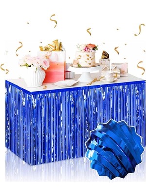 Aesco Mey Ithalat® Kendinden Yapışkanlı Mavi Metalize Püsküllü Masa Eteği – 75 x 275 cm Parti Süslemesi