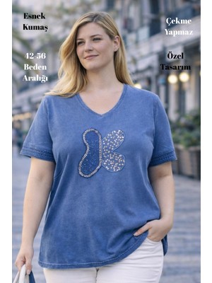 XCEDY Cedy - Kadın Özel Tasarım Esnek, Pul Payet, Dantel Detaylı Yıkamalı V Yaka Büyük Beden Tişört