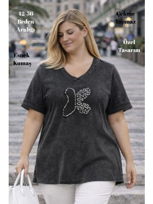 XCEDY Cedy - Kadın Özel Tasarım Esnek, Pul Payet, Dantel Detaylı Yıkamalı V Yaka Büyük Beden Tişört