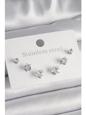 Aesco Mey Ithalat® 316L Çelik Gümüş Renk Zirkon Taşlı Yıldız Model Kadın Küpe Seti