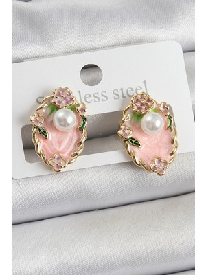 Aesco Mey Ithalat® Pirinç Pembe Mineli Inci Detaylı Sanatsal Portre Model Gold Renk Kadın Küpe