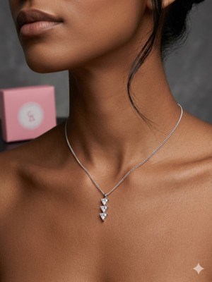 Alsem Gümüş Kaplama Üçlü Kristal Taşlı Dikey Tasarım Kadın Kolye