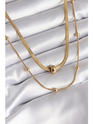 Aesco Mey Ithalat® 316L Çelik Gold Renk Italyan Zincir Model Topçuk Detay Kadın Kolye