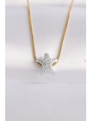 Aesco Mey Ithalat® 316L Çelik Zincir Altın Renk Zincirli Gümüş Renk Deniz Yıldızı Tasarımlı Kolye