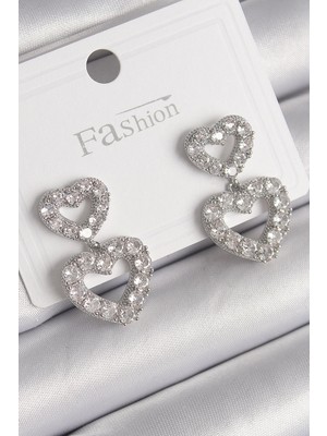 Aesco Mey Ithalat® Pirinç Gümüş Renk Zirkon Taşlı Sallantı Kalp Model Kadın Küpe