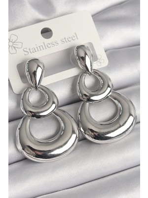 Aesco Mey Ithalat® Pirinç Gümüş Renk Damla Detay Sallantı Halka Model Kadın Küpe