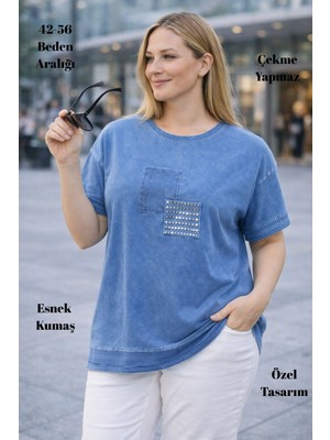 XCEDY Cedy - Kadın Özel Tasarım Esnek, Pul Payet, Dantel Detaylı Yıkamalı Büyük Beden Tişört