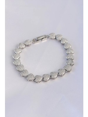 Aesco Mey Ithalat® Vip Seri Pirinç Zirkon Taşlı Gümüş Renk Kalp Model Bileklik