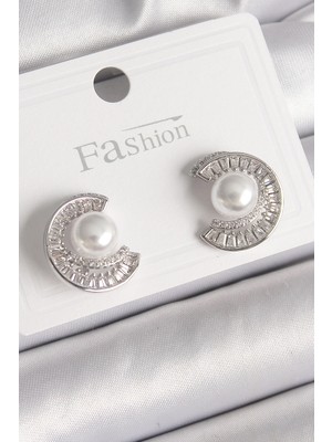 Aesco Mey Ithalat® Pirinç Gümüş Renk Zirkon Taşlı Salyangoz Model Inci Detay Kadın Küpe