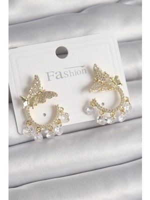 Aesco Mey Ithalat® Pirinç Gold Renk Zirkon Taşlı Sallantı Detay Kelebek Model Kadın Küpe