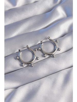 Aesco Mey Ithalat® 316L Çelik Gümüş Renk Topçuk Tasarımlı Oval Küpe