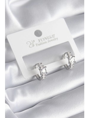 Aesco Mey Ithalat® Pirinç Gümüş Renk Zirkon Taşlı Kadın Küpe