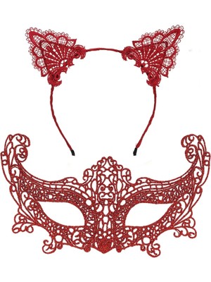 Aesco Mey Ithalat® Romantik Kırmızı Dantel Maske Seti – Kedi Kulaklı Taç ve Maske 3 No
