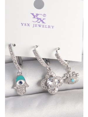 Aesco Mey Ithalat® Pirinç Gümüş Renk Zirkon Taşlı Fatma Ana Yonca Figür Göz Detay 3'lü Kadın Kombin Küpe