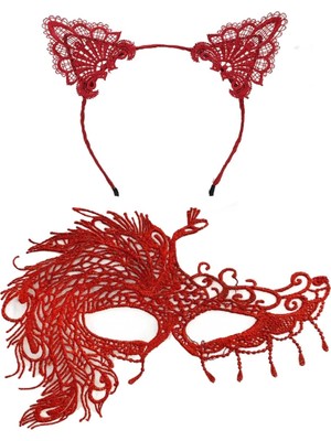 Aesco Mey Ithalat® Alevin Zarafeti Kırmızı Dantel Maske ve Taç Seti 4 No – Kadın Kostüm Tamamlayıcı