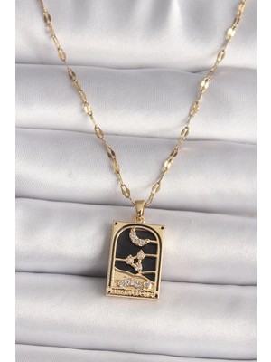 Aesco Mey Ithalat® 316L Çelik Gold Renk Zirkon Taşlı Ay Figürlü Tarot Model Kadın Kolye