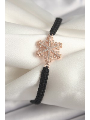 Aesco Mey Ithalat® Pirinç Rose Renk Zirkon Taşlı Kar Tanesi Figür Makrome Asansörlü Model Kadın Bileklik