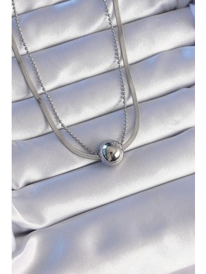 Aesco Mey Ithalat® 316L Çelik Çift Zincirli Gümüş Renk Topçuk Italyan Model Kolye