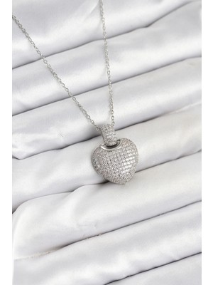 Aesco Mey Ithalat® 316L Çelik Zincir Gümüş Renk Zirkon Taşlı Kalpli Kadın Kolye