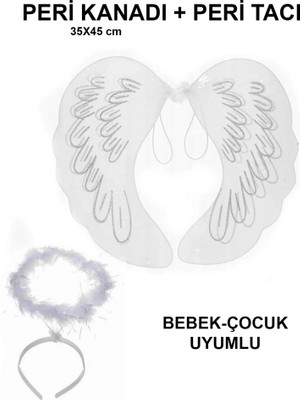 Aesco Mey Ithalat® Beyaz Dantel Tüllü Peri Kanadı ve Peri Tacı Seti 45X40 cm