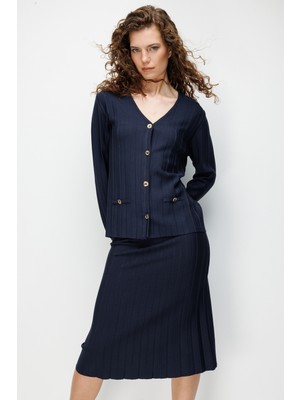 Desen Triko Kadın Pileli Araboy Ince Triko Etek K.lacivert