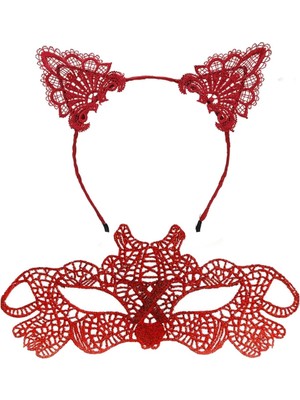 Aesco Mey Ithalat® Ateş Kırmızısı Dantel Taç ve Maske Seti 10 No - Maskeli Balo &amp; Özel Gün Seti