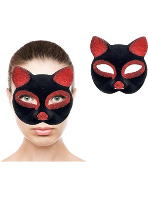 Aesco Mey Ithalat® Siyah Renk Kırmızı Simli Süet Kaplama Kedi Maskesi 18X14 cm