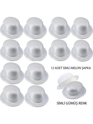 Aesco Mey Ithalat® Gümüş Renk Simli Melon Yuvarlak Parti Şapkası 12 Adet