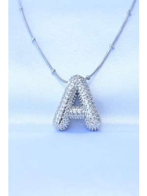 Aesco Mey Ithalat® 316L Çelik Zincirli Zirkon Taşlı A Harfli Gümüş Renk Bubble Kolye