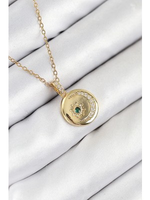 Aesco Mey Ithalat® 316L Çelik Zirkon Taşlı Ay ve Güneş Model Gold Renk Kadın Kolye