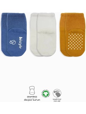 Aesco Mey Ithalat®   3'lü Basic Kaymaz Penye Soket Çorap 10107 Indigo Ekru Hardal