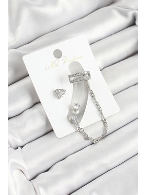 Aesco Mey Ithalat® Pirinç Üçgen Figürlü Zirkon Taşlı Gümüş Renk 3'lü Kıkırdak Kadın Küpe Set