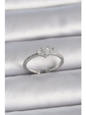 Aesco Mey Ithalat® Pirinç Gümüş Renk Ayaralanabilir Zirkon Taşlı Kalp Model Kadın Yüzük