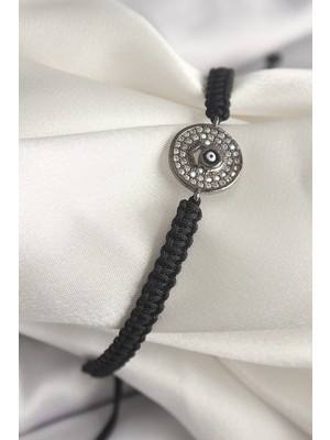 Aesco Mey Ithalat® Pirinç Füme Renk Zirkon Taşlı Nazar Boncuk Işleme Makrome Asansörlü Model Kadın Bileklik