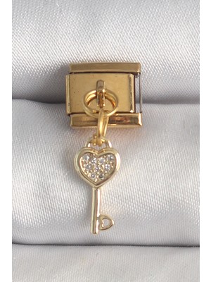Aesco Mey Ithalat® 316L Çelik Gold Renk Sallantı Zirkon Taşlı Kalpli Anahtar Model Nomination Charm