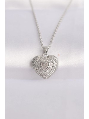 Aesco Mey Ithalat® 316L Çelik Zincir Gümüş Renk Zirkon Taşlı Kalp Kolye