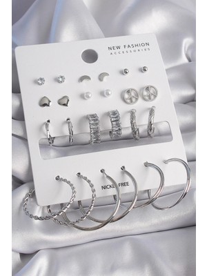 Aesco Mey Ithalat® Pirinç Gümüş Renk Zirkon Taşlı 12 Çift Kadın Küpe Seti