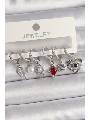 Aesco Mey Ithalat® Pirinç Gümüş Renk Sallantı Zirkon Taşlı Fatma Ana El Figür Kadın Küpe Seti