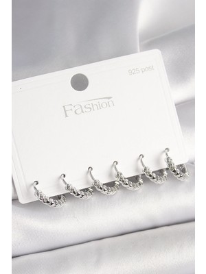 Aesco Mey Ithalat® 925 Ayar Gümüş Çivi Pirinç Gümüş Renk Kalp Işlemeli Halka Model Kadın Küpe Seti