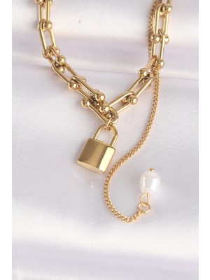 Aesco Mey Ithalat® 316L Çelik Zincir Altın Renk Zincirli Love Yazılı Kilit Kolye