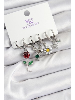 Aesco Mey Ithalat® Pirinç Zirkon Taşlı Gül ve Papatya Model Gümüş Renk 3'lü Çift Kadın Küpe