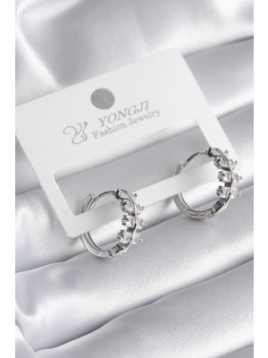 Aesco Mey Ithalat® Pirinç Gümüş Renk Zirkon Taşlı Kadın Küpe