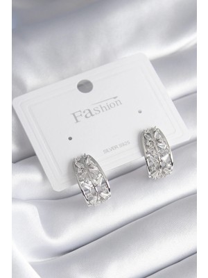 Aesco Mey Ithalat® Pirinç Gümüş Renk Zirkon Taşlı Kadın Küpe